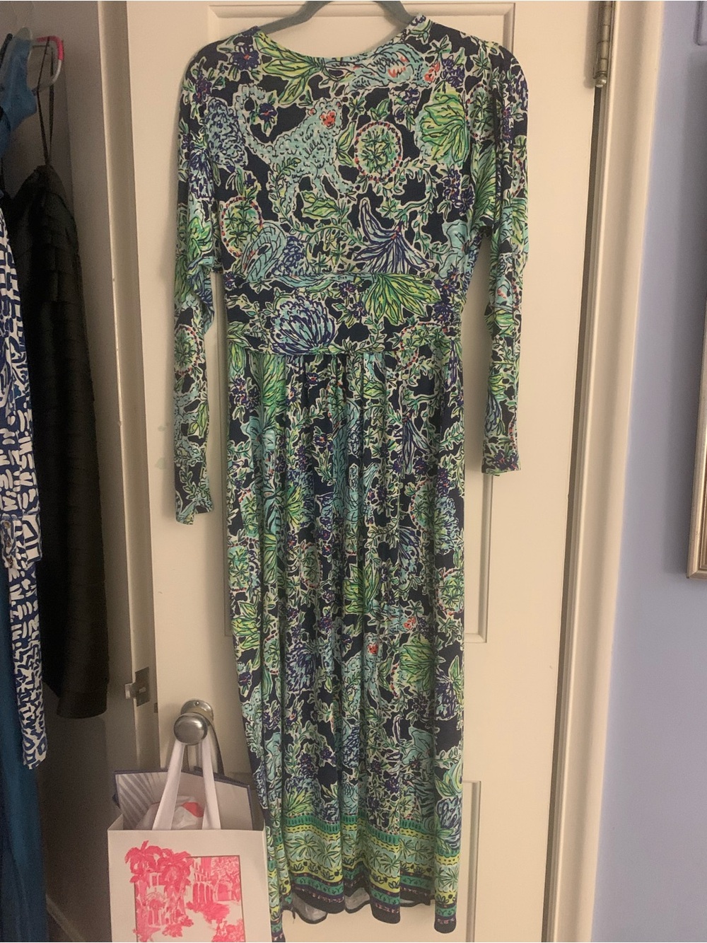 Lilly Pulitzer Navy, Green, and Teal Long Sleeve Wrap Maxi Dress - Picture 2 of 4